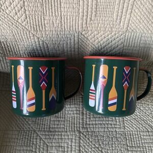 Set Of 2 - HAPPY CAMPER Metal Enamel Camping Coffee Mug Green/Orange Trim Oars